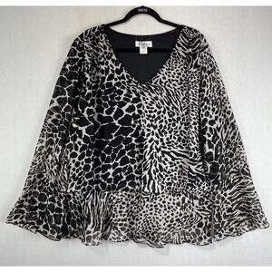 Vintage Patra Blouse Top 24 Black White Animal Cheetah Print Sheer Bell Sleeves